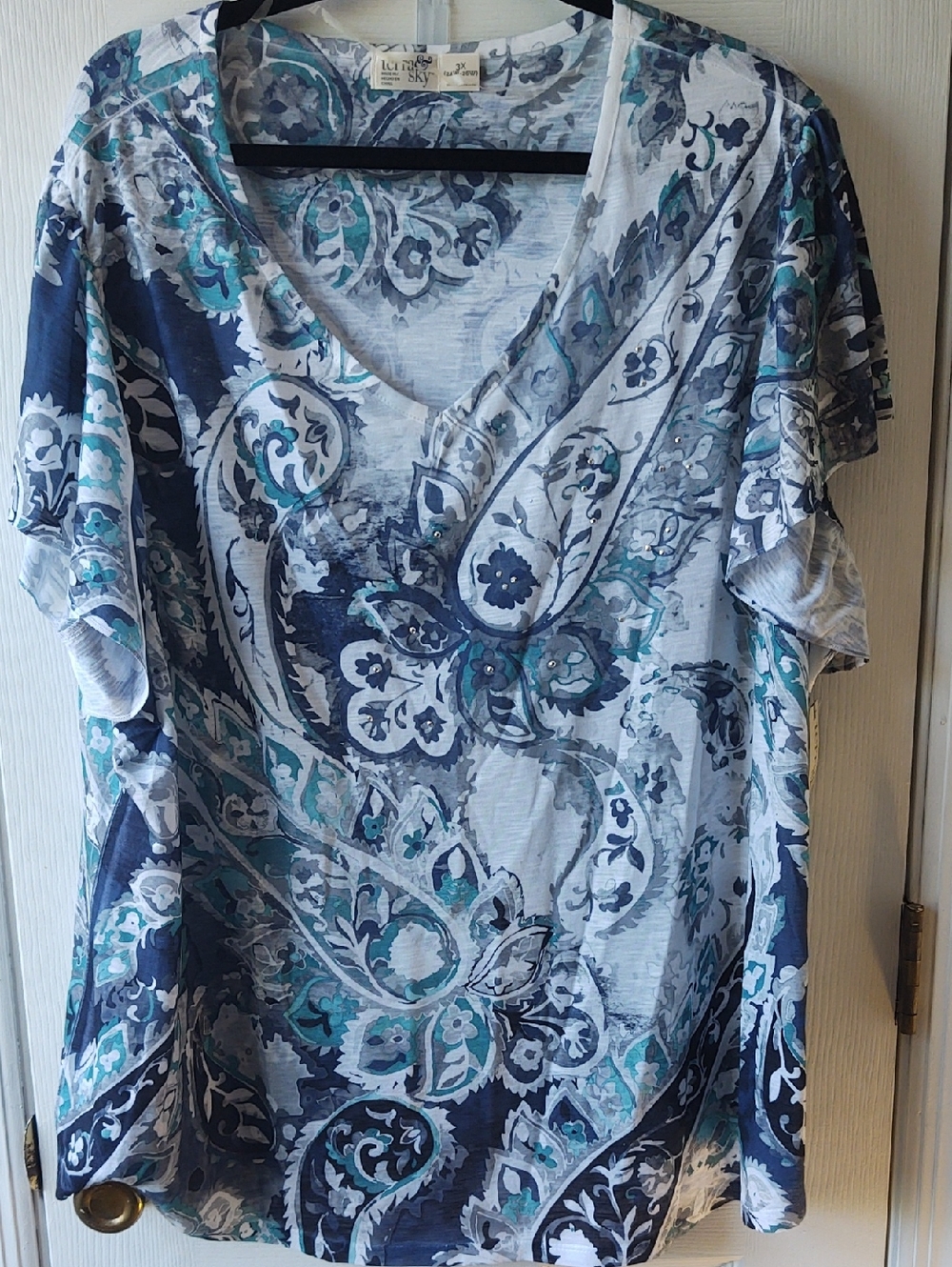 Terra & Sky Blue & Green Paisley V-Neck Short Sleeve Top - Size 3X